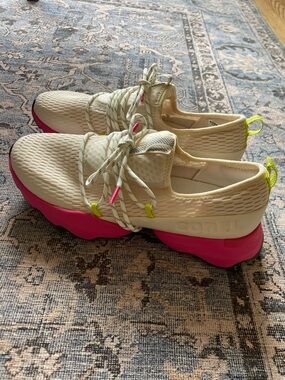 Sorel Women's Cream Knit Sneakers with Hot Pink Sole and Neon Accents